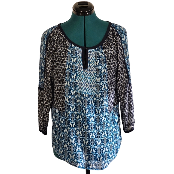 Lucky Brand Cotton Boho Top Semi Sheer Blue Print Small - Picture 1 of 10
